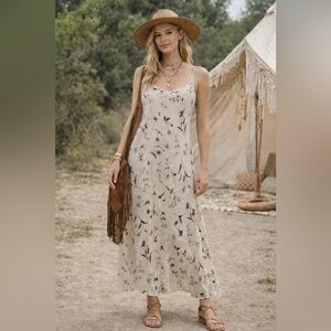 Vintage Linen Floral Maxi Dress - Sz Large